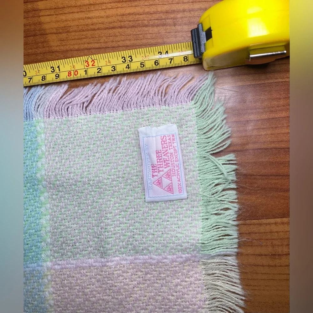 Baby Blanket Three Weavers Pastel Pink Blue Green Squares Acrylic Fringe Vintage