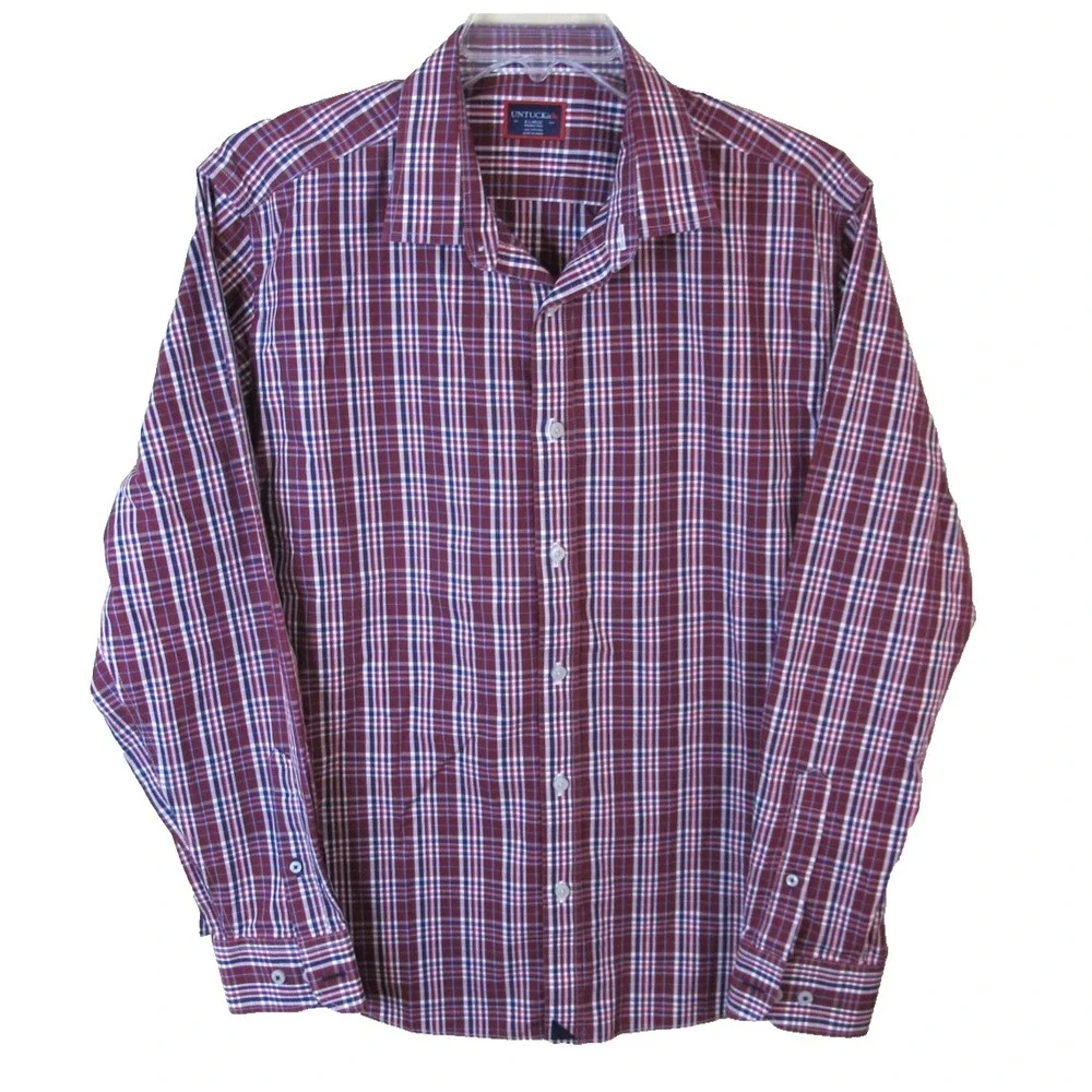 Untuckit Long Sleeve Button Down Shirt Maroon‎ Plaid Men's Size XL Cotton