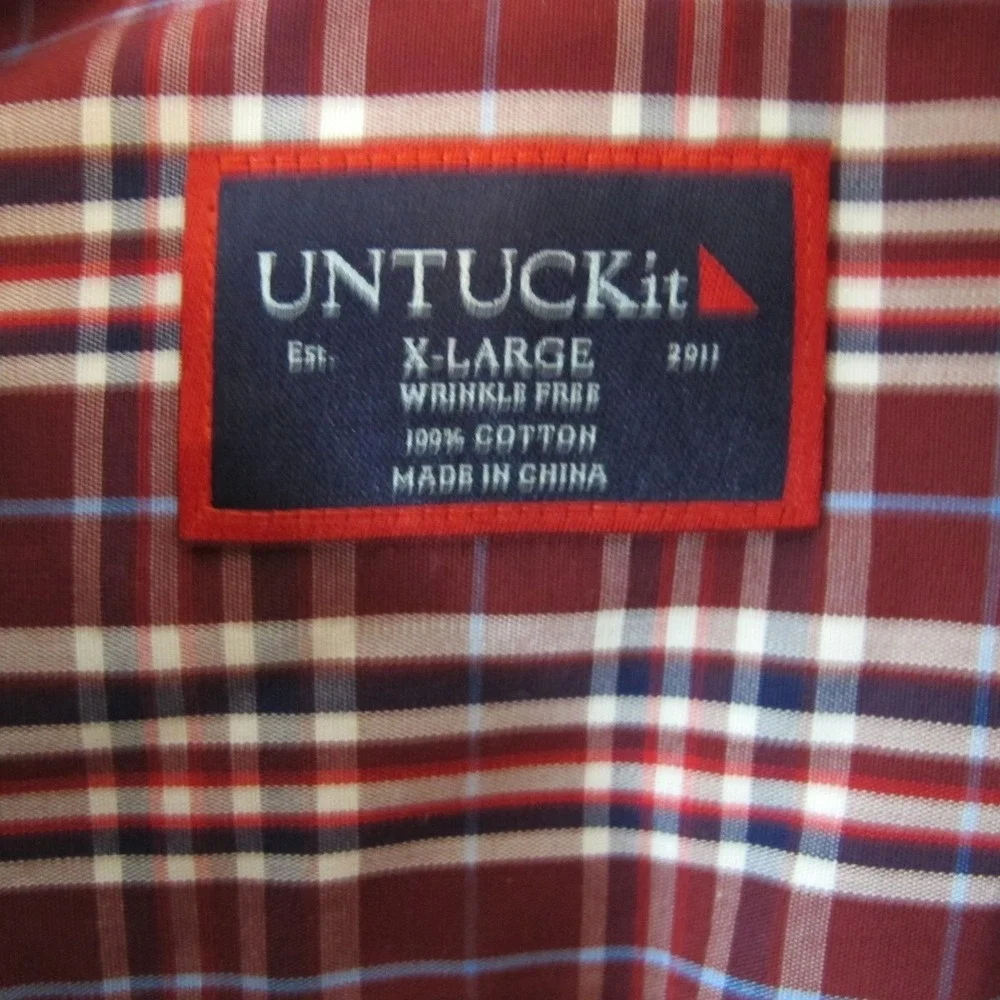 Untuckit Long Sleeve Button Down Shirt Maroon‎ Plaid Men's Size XL Cotton