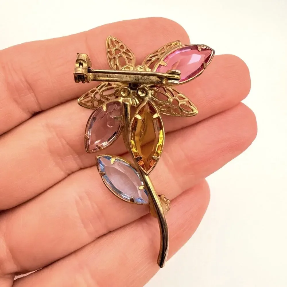 Vtg MCM 1960s Flower Stem Prong Set filigree Multi Color Pastel Brooch Gold Tone