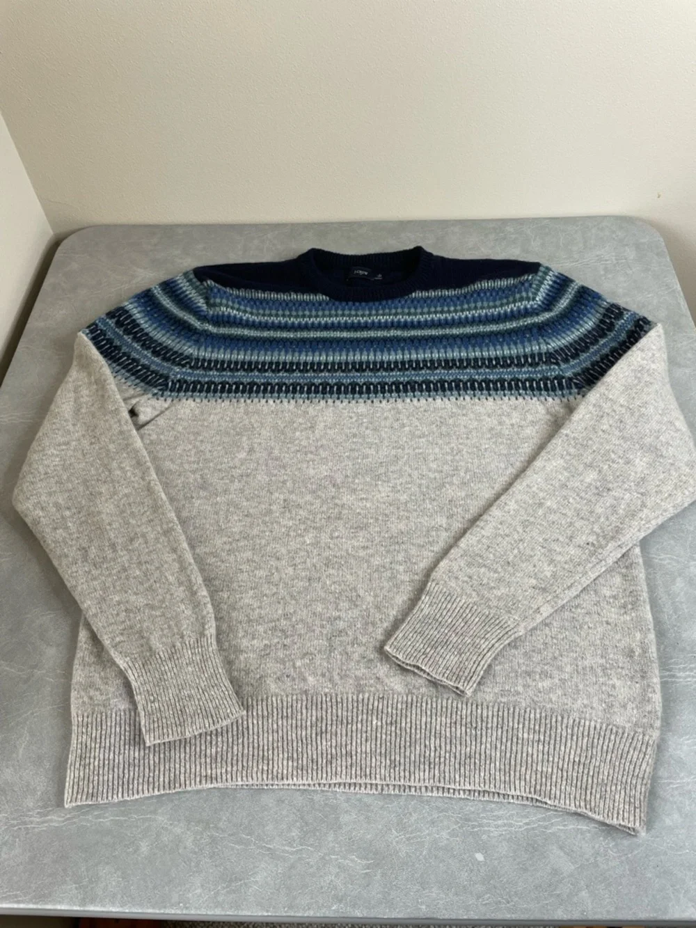 J. Crew Factory Gray Crewneck Lambswool Sweater with Blue Fair Isle Yoke