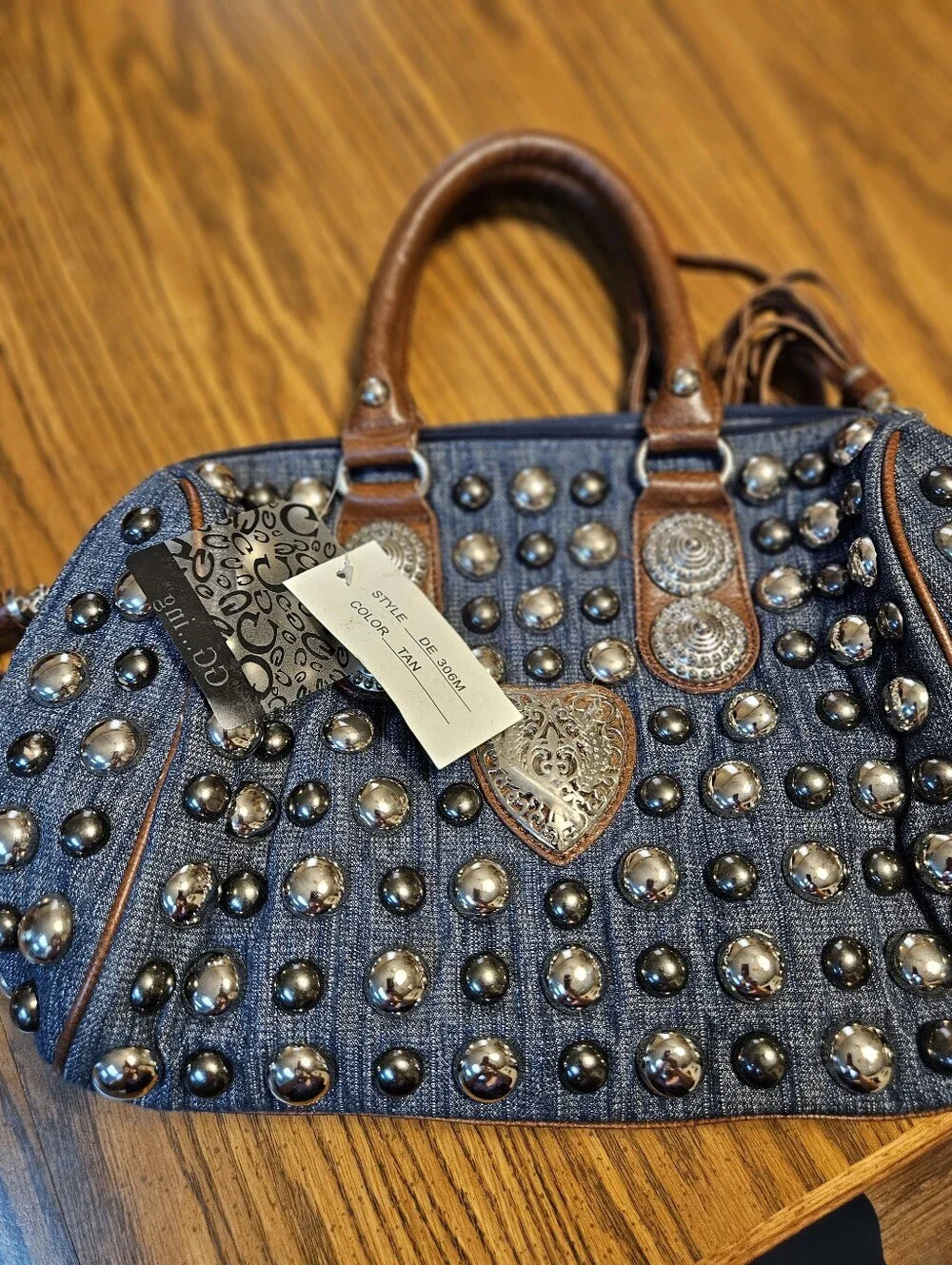 Guess Denim Satchel with Silver Studs and Brown Trim