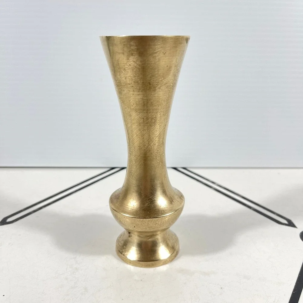 Vintage Solid Brass‎ Bud Vase Flared Rim Pedestal Base Gold Tone 5.5 Inch