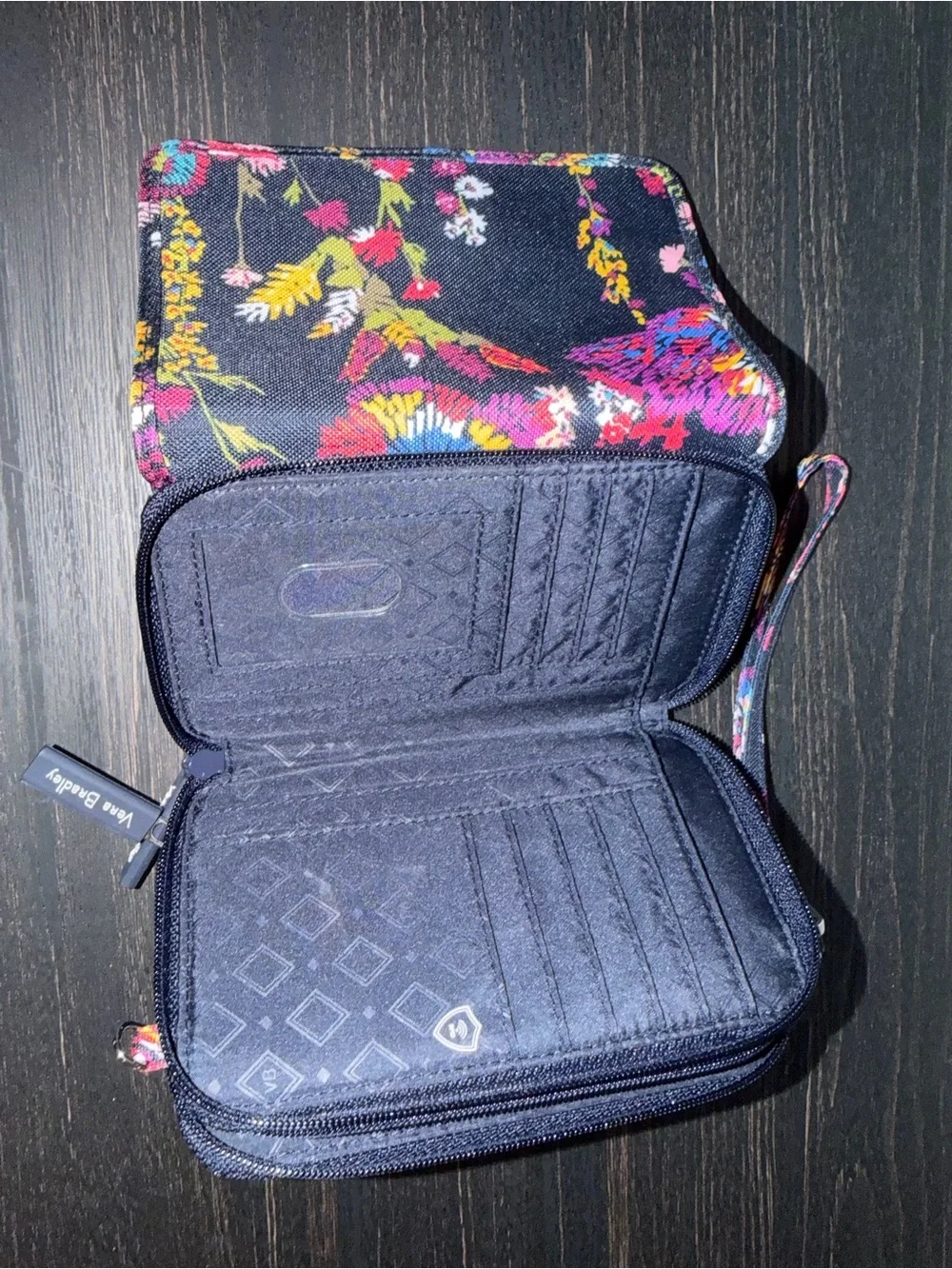 Vera Bradley Black Floral Zip-Around Travel Wallet with Wrist Strap