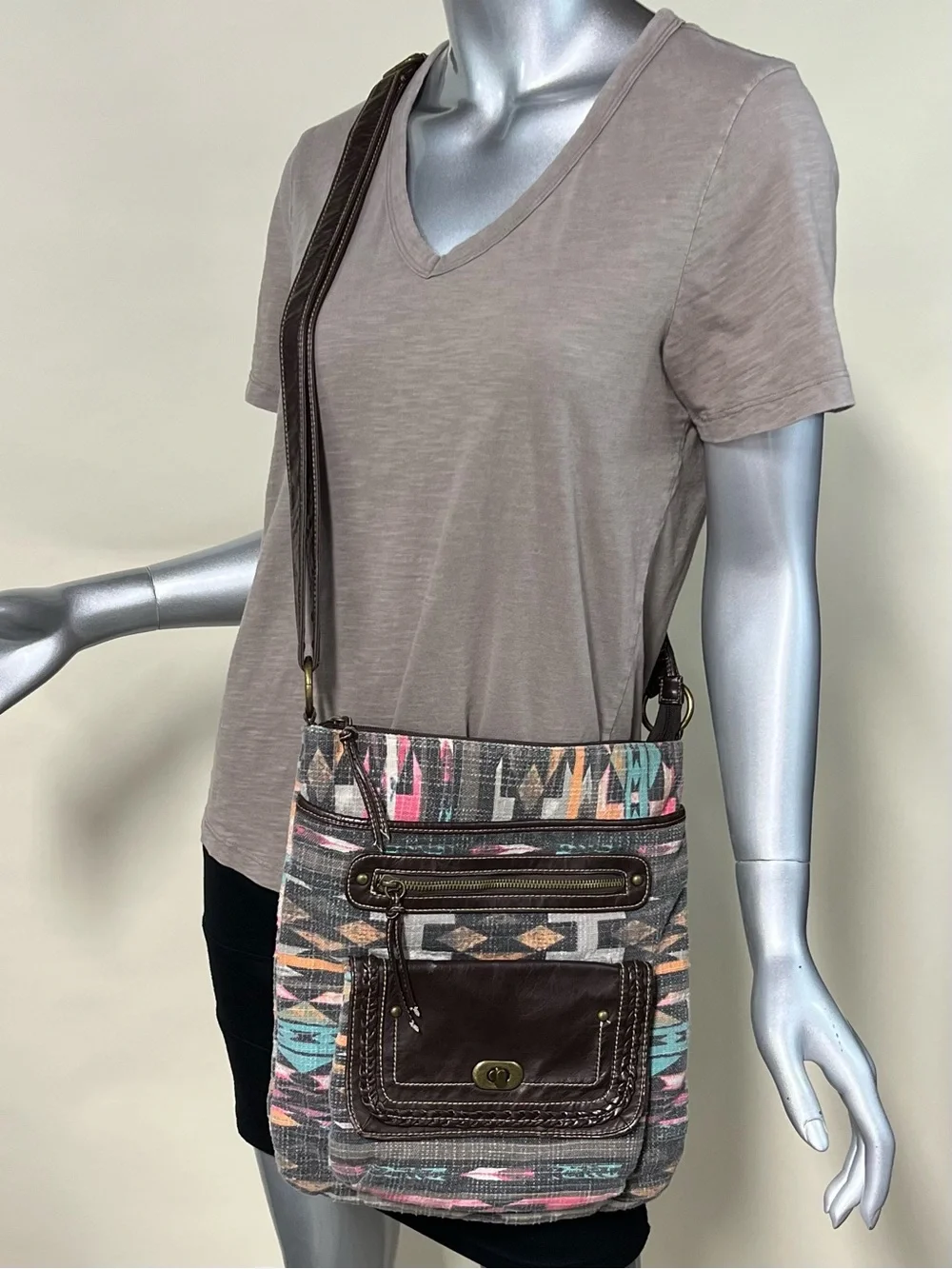 Maurices Boho Aztec Crossbody Bag Brown Faux Leather Geometric Purse