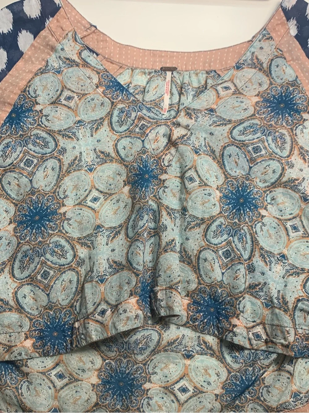 Free People Boho Patchwork Paisley Polka Dot Bell Sleeve Oversized Top XS