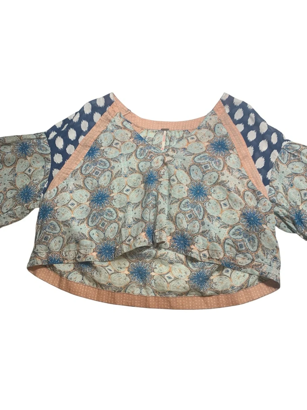 Free People Boho Patchwork Paisley Polka Dot Bell Sleeve Oversized Top XS