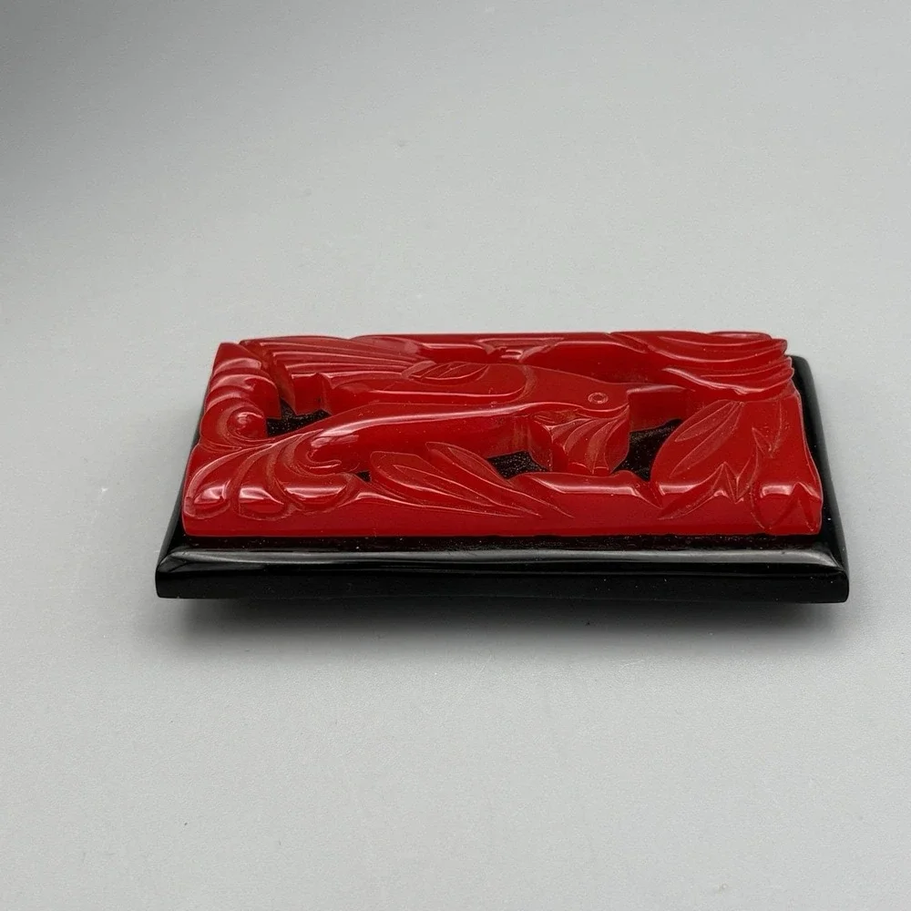 Vintage Carved Red Bakelite Brooch Bird Red Black Laminated Chunky Gorgeous!