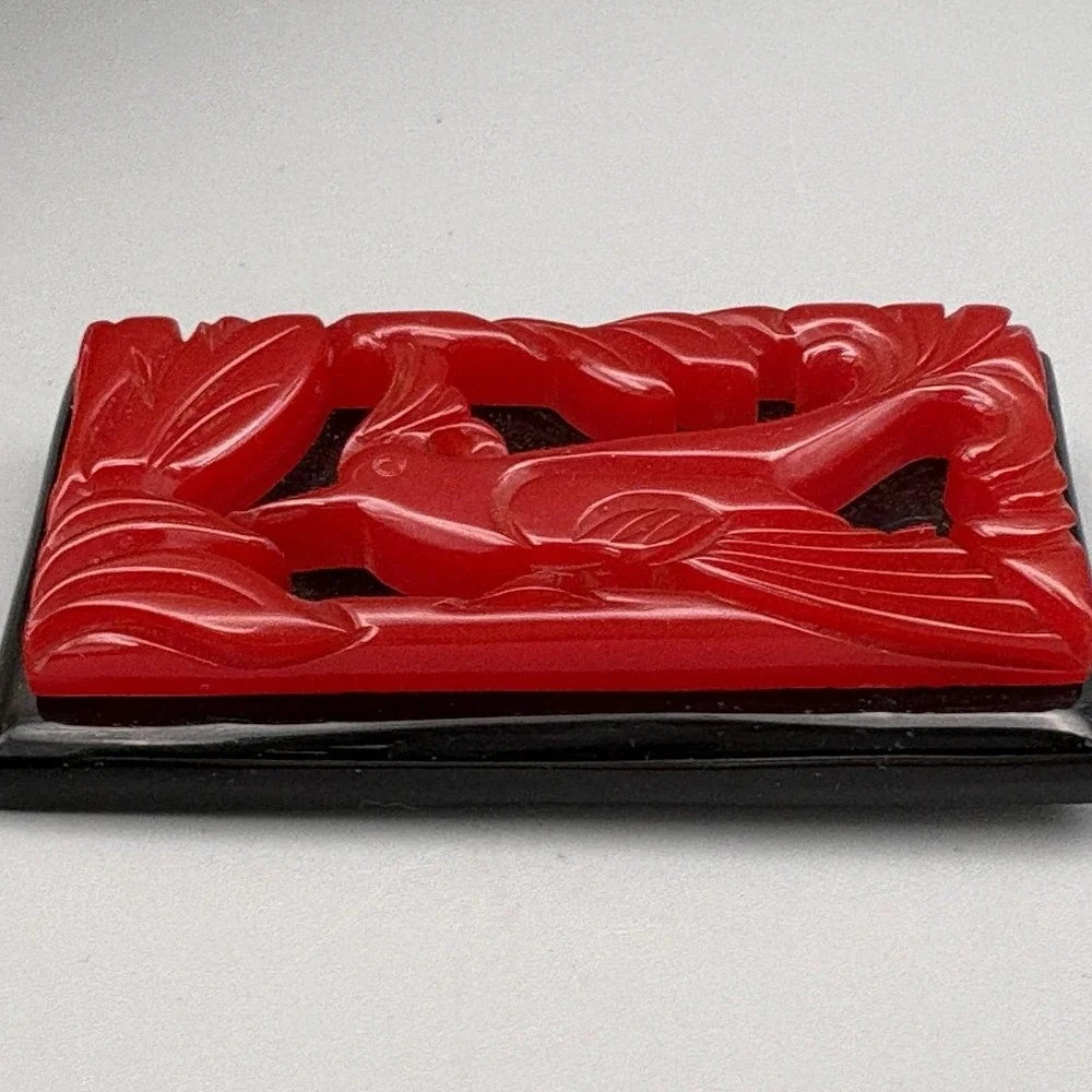 Vintage Carved Red Bakelite Brooch Bird Red Black Laminated Chunky Gorgeous!