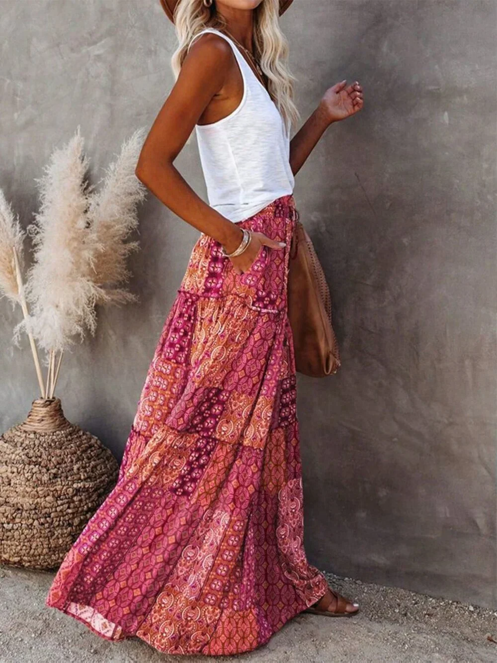 Red Bohemian Women's Lightweight High Waist Skirt with Floral Lace Hem