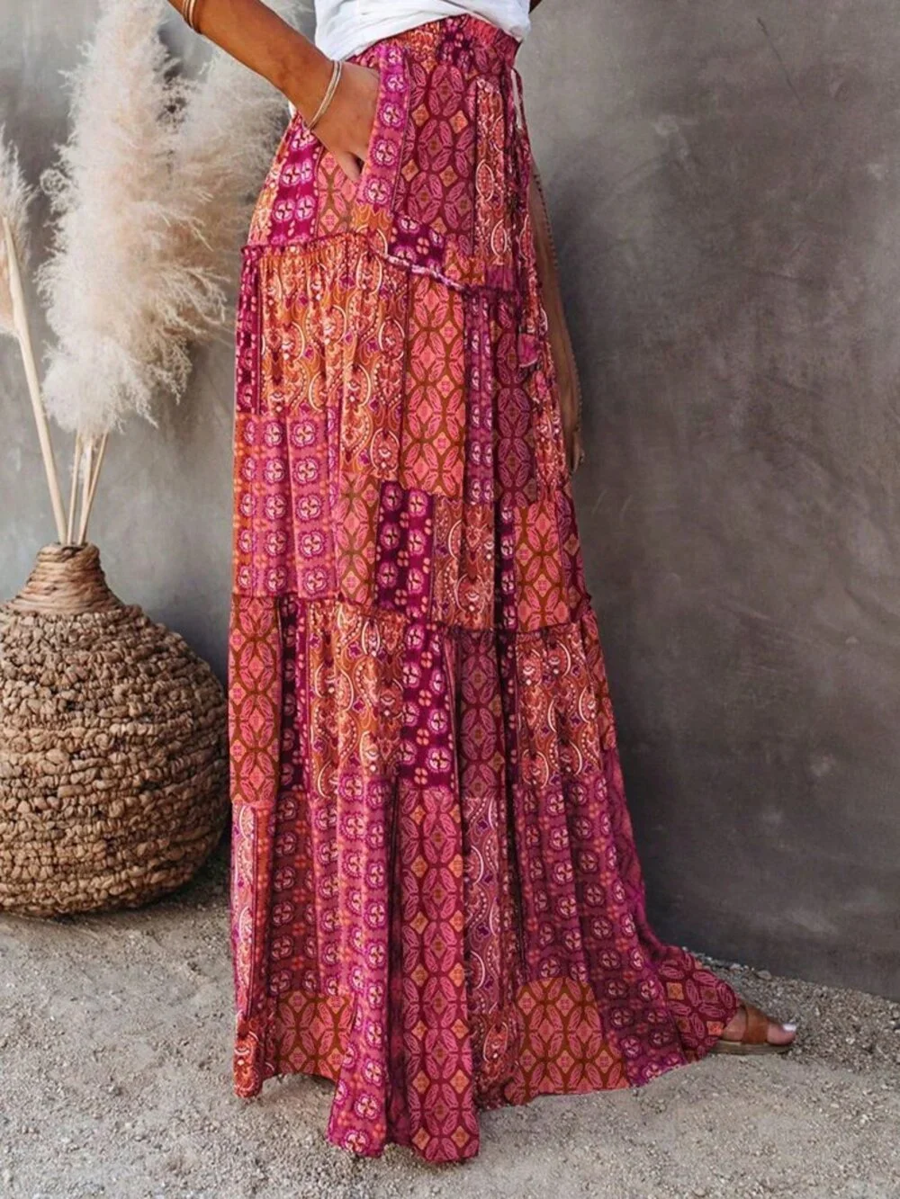 Red Bohemian Women's Lightweight High Waist Skirt with Floral Lace Hem