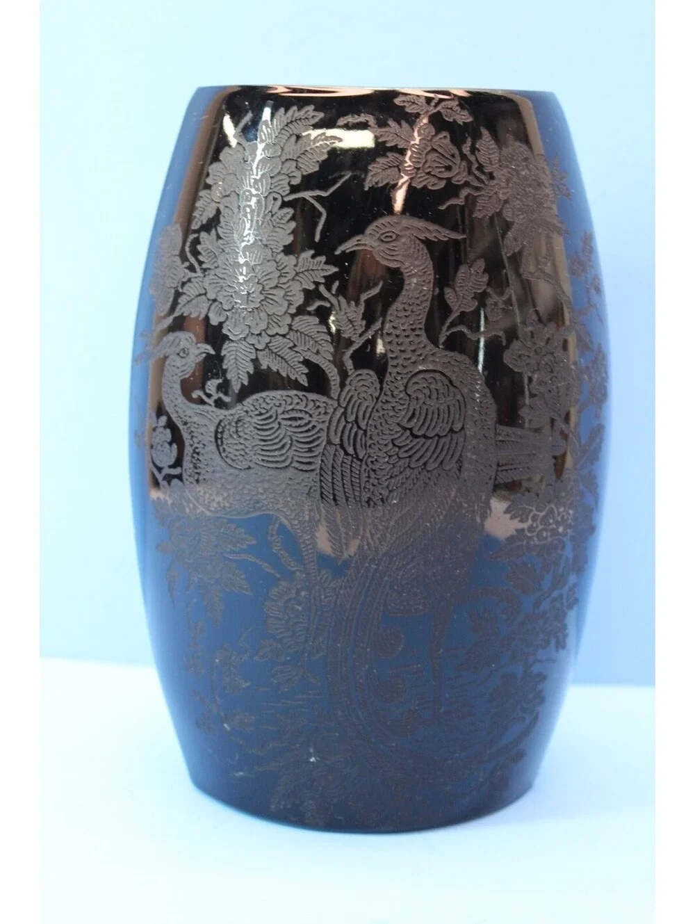 Vtg Asian Peacock & Rose Nora Bird Reverse Black/Ebony Porcelain Etched Vase 8x6