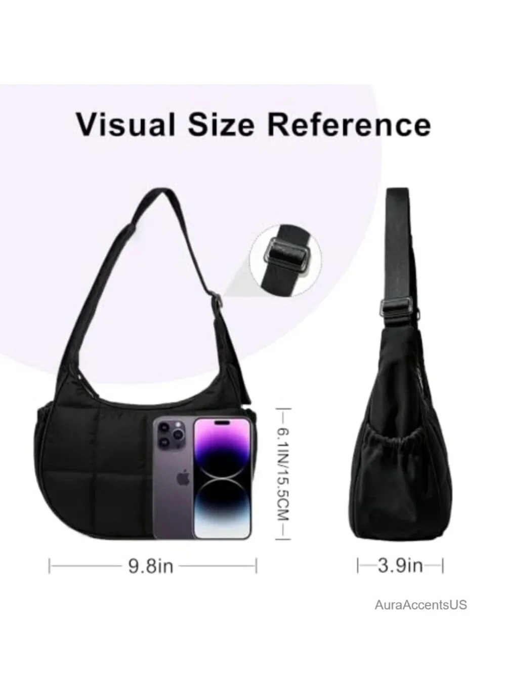 Quilted Nylon Puffer Crescent Hobo Bag with Adjustable Strap