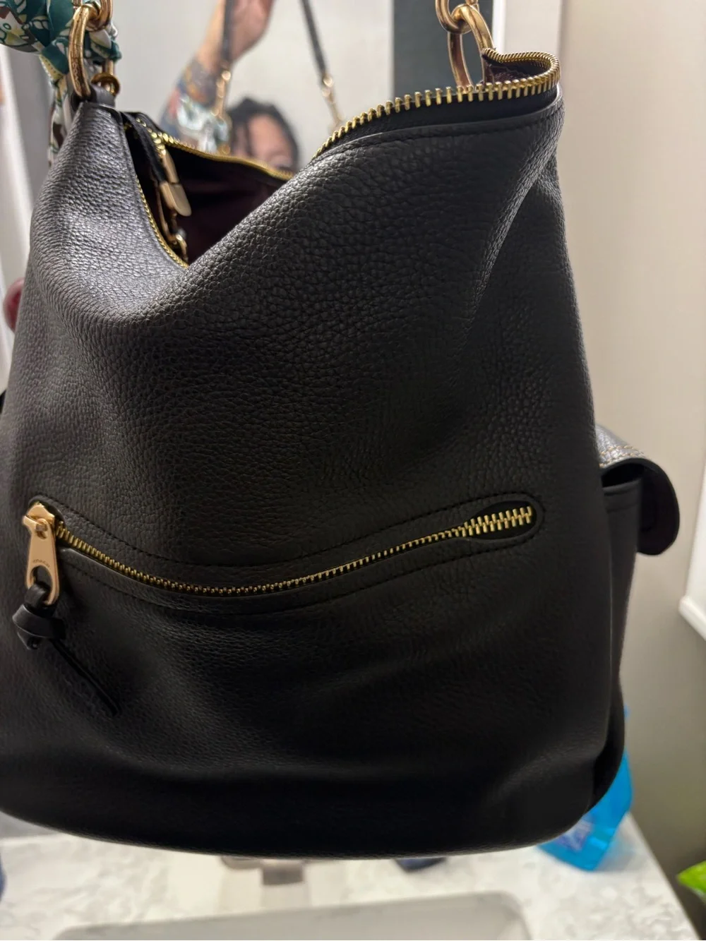 Coach Black Pebbled Leather Shoulder Hobo with Floral Scarf Accent