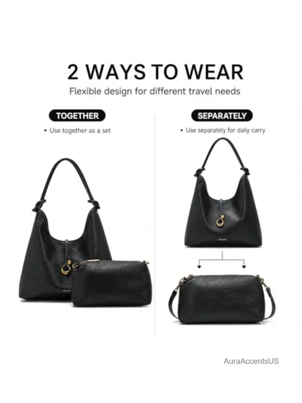 2-in-1 Hobo Shoulder Bag with Detachable Pouch, Faux Leather Purse Set
