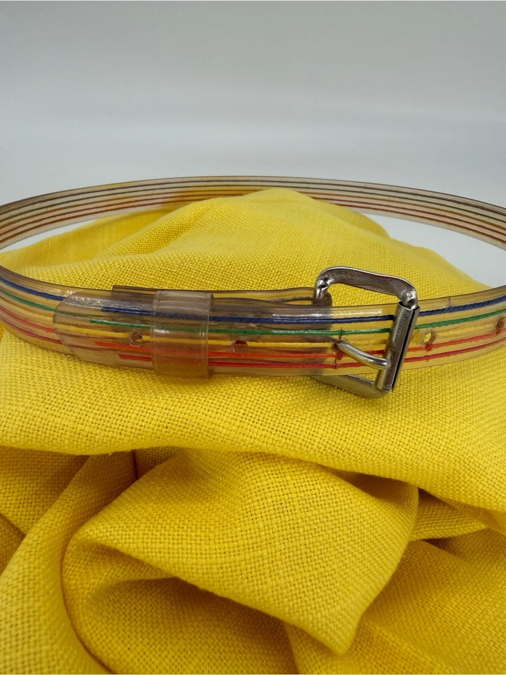 Vintage 80s Clear Acrylic Rainbow Striped Belt Silver Buckle OS