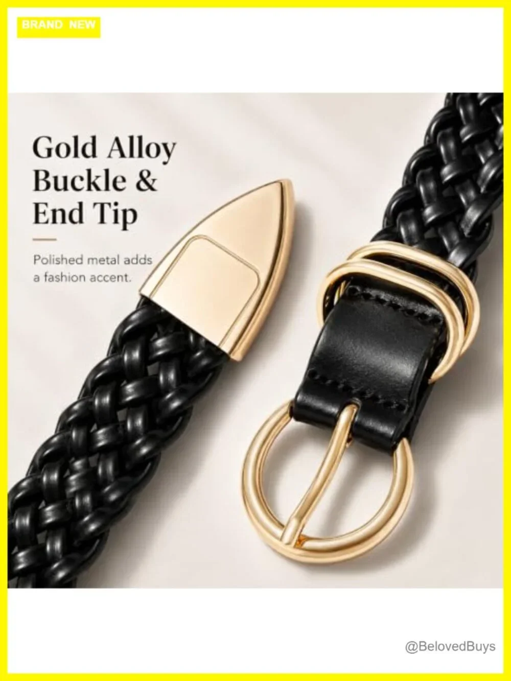 Boho Woven Faux Leather Belt with Gold Buckle for Dresses