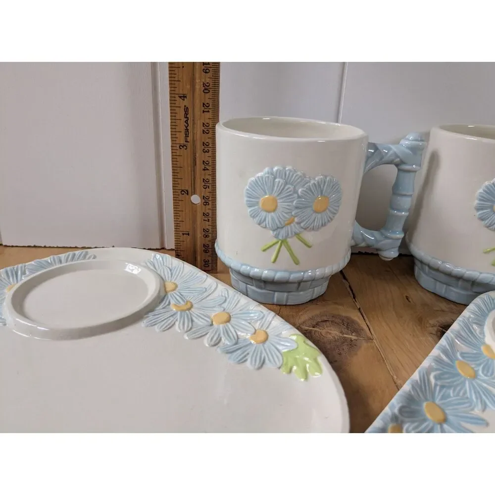 Pair of Vintage Blue Daisies Snack Trays w/ Matching Mugs - Stamped RS