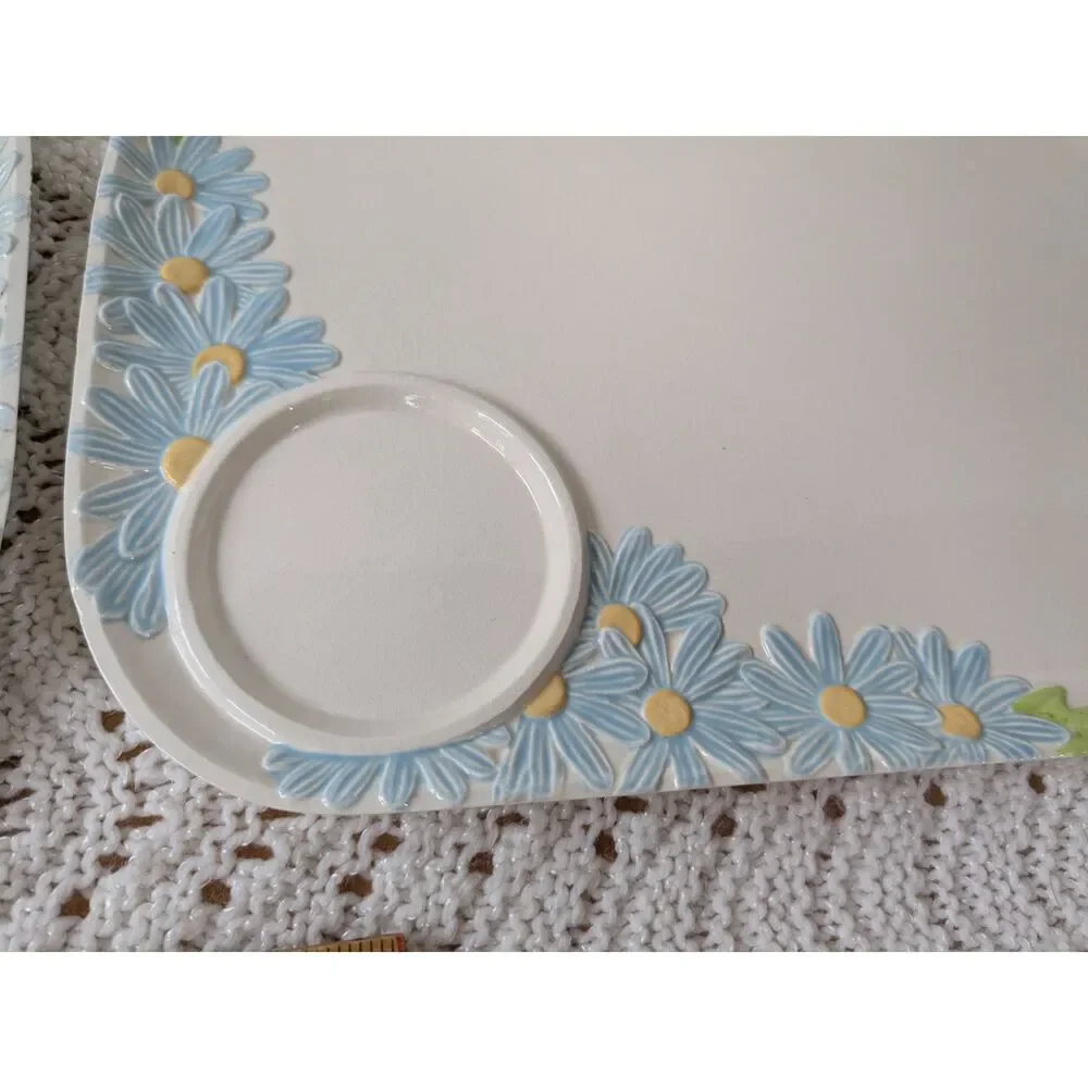 Pair of Vintage Blue Daisies Snack Trays w/ Matching Mugs - Stamped RS